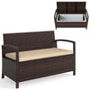 Outdoor PE wicker storage bench with beige cushion, featuring 42-gallon storage, ideal for patio and garden use.