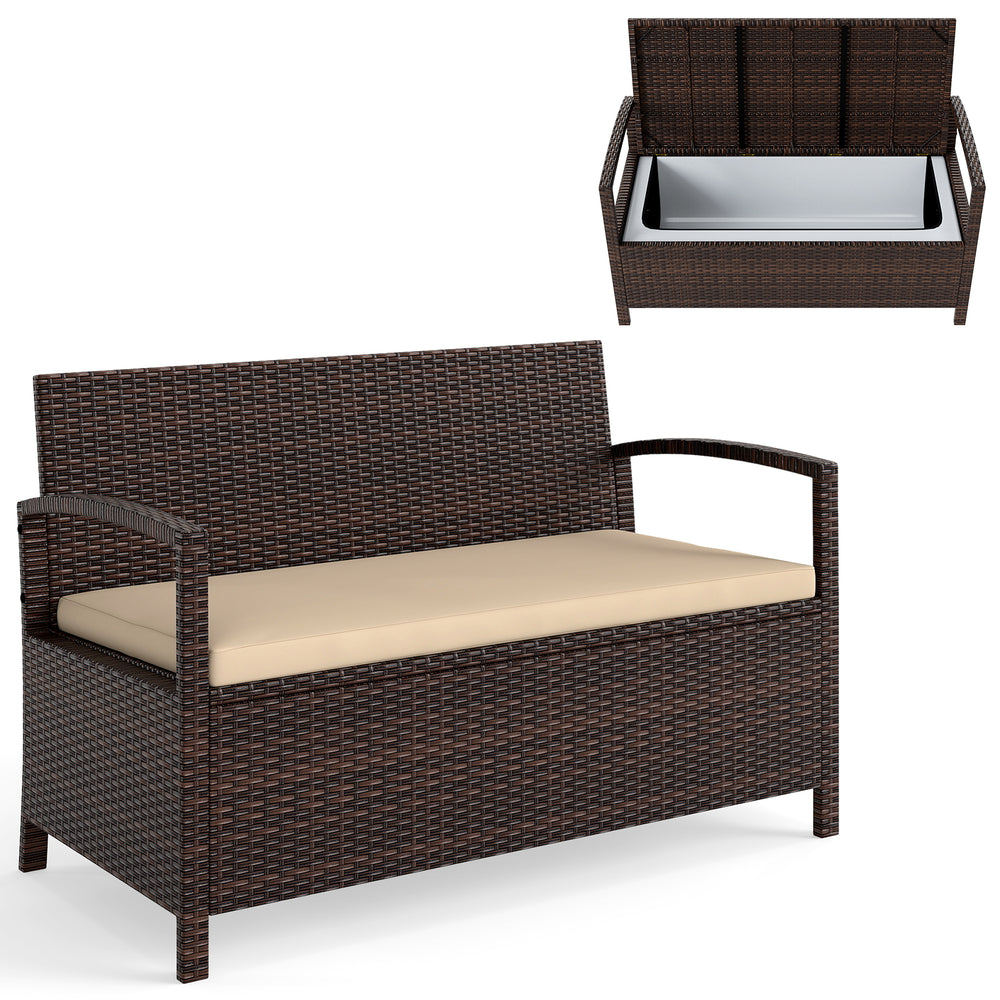 Outdoor PE wicker storage bench with beige cushion, featuring 42-gallon storage, ideal for patio and garden use.