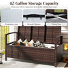Outdoor PE wicker storage bench with 42-gallon capacity, beige cushion, and ergonomic design for patio relaxation.