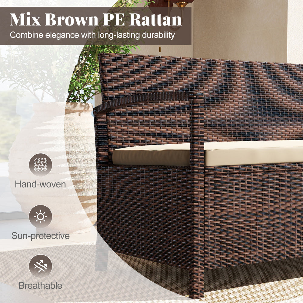 Outdoor PE wicker storage bench with beige cushion, hand-woven design, and 42-gallon storage for patio organization.