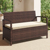 Outdoor PE wicker storage bench with beige cushion, featuring 42-gallon storage, ideal for patio and garden relaxation.