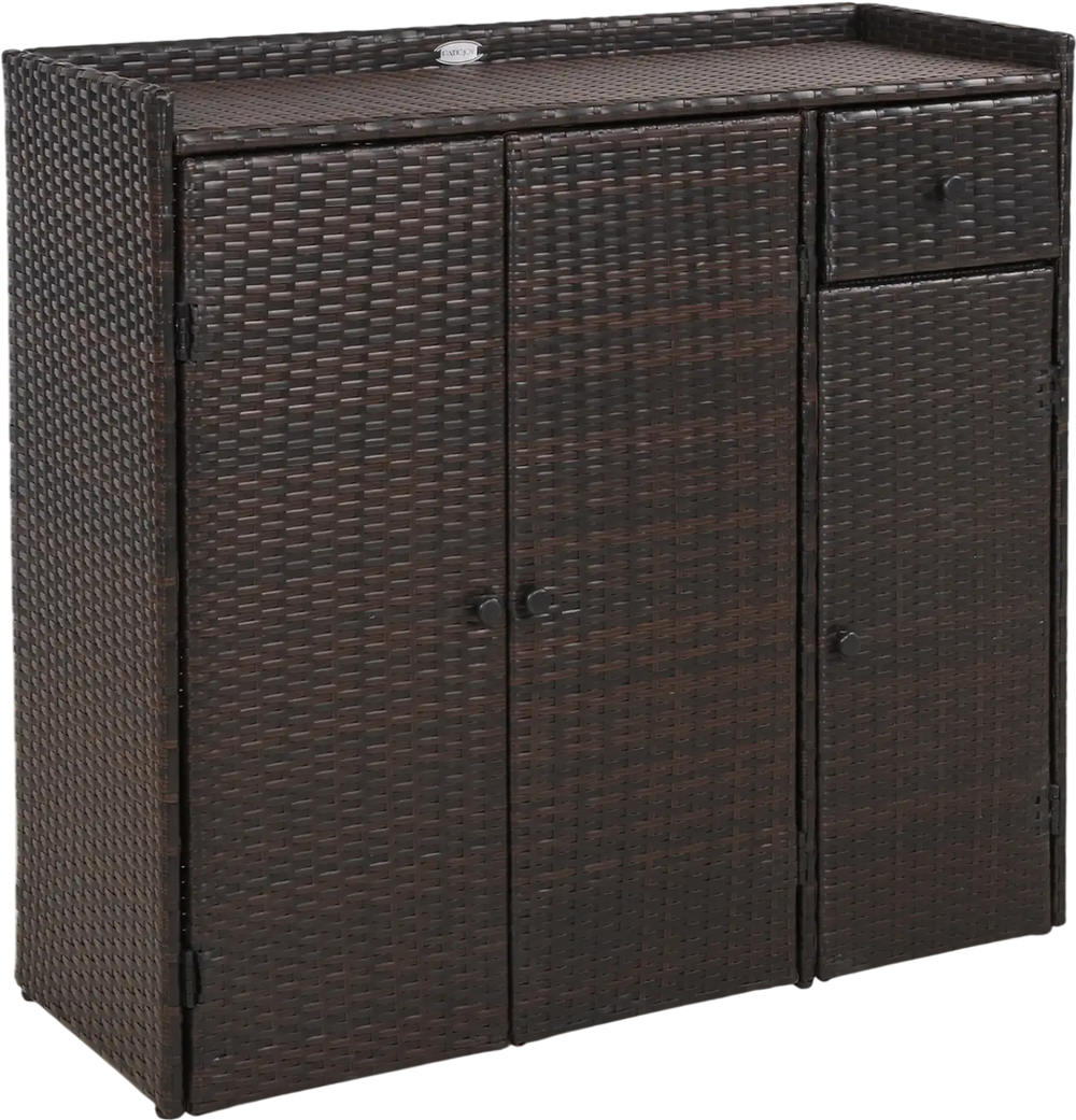 Outdoor PE wicker storage cabinet in brown with three doors, adjustable shelves, and a practical drawer for patio use.