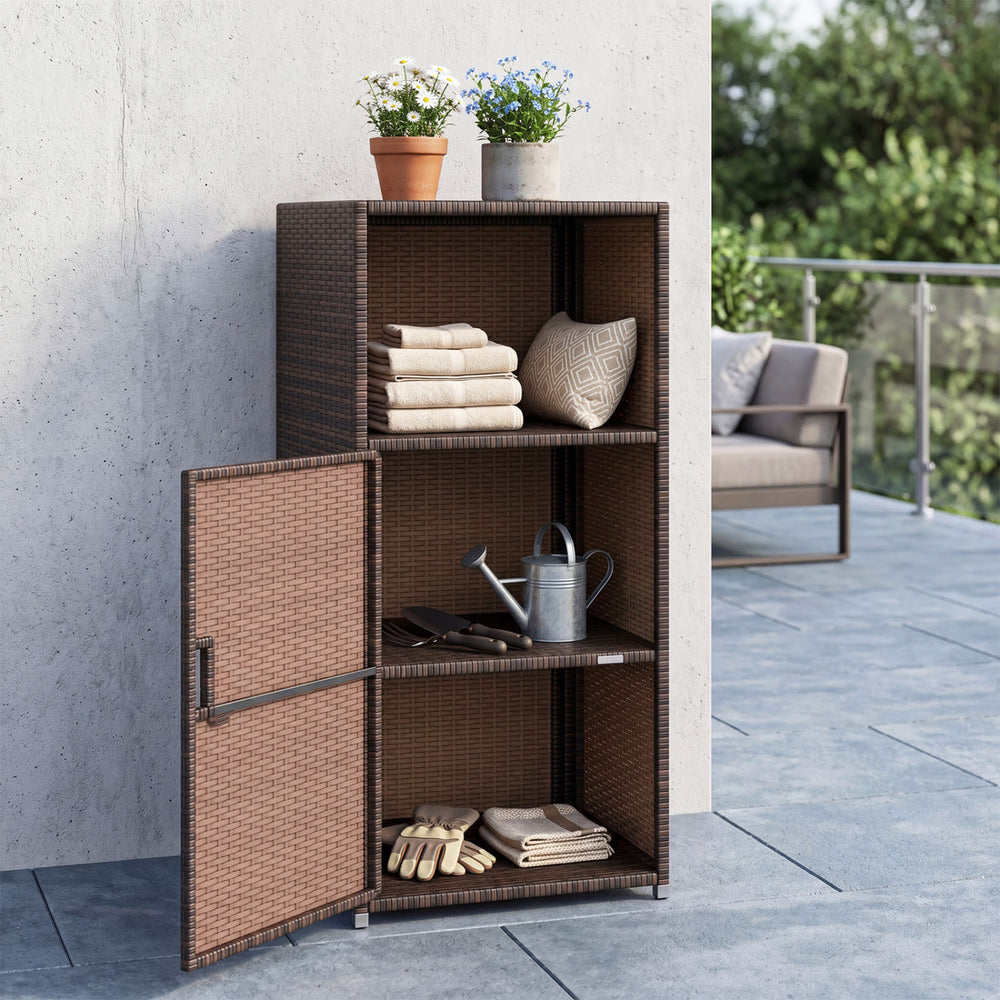 Outdoor PE Wicker Storage Cabinet with Door and Open Compartment for Patio-Brown - Gallery View 1 of 13