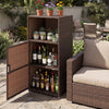 Outdoor PE wicker storage cabinet in brown with open shelves and door, perfect for patio organization and decor.