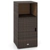 Outdoor PE wicker storage cabinet in brown with open compartment and door, ideal for patio organization.