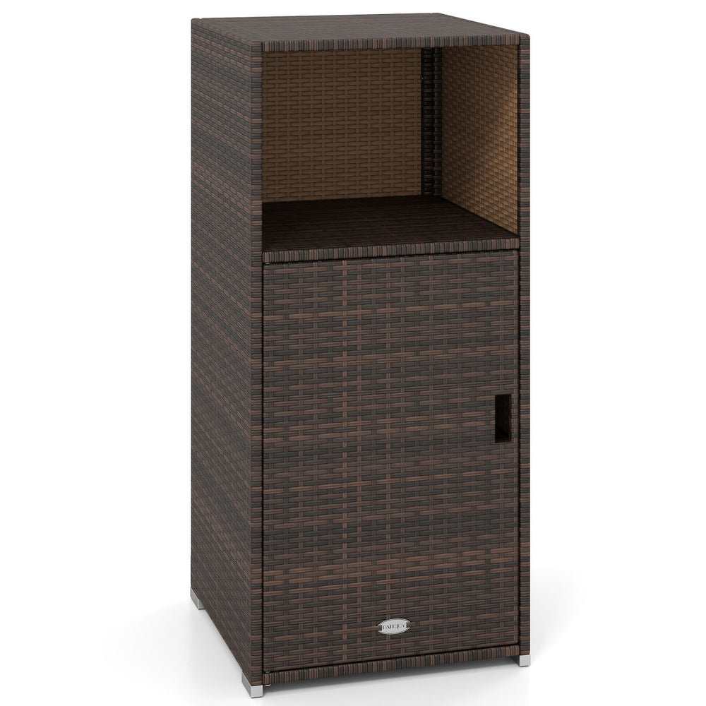 Outdoor PE wicker storage cabinet in brown with open compartment and door, ideal for patio organization.