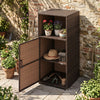 Outdoor PE wicker storage cabinet in brown showcasing three hand-woven shelves, perfect for garden tools and patio.