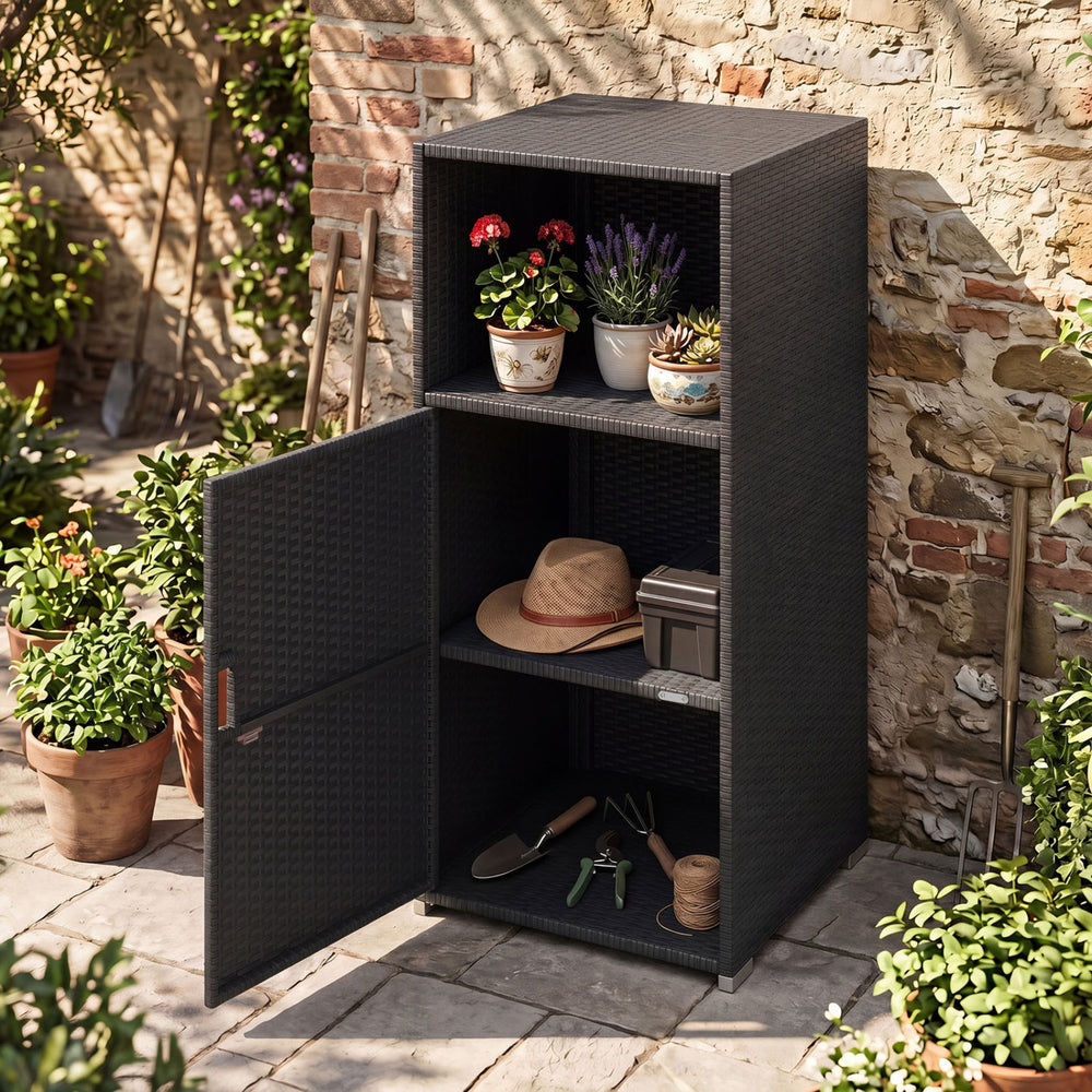 Outdoor PE Wicker Storage Cabinet with Door and Open Compartment for Patio-Black - Gallery View 1 of 13