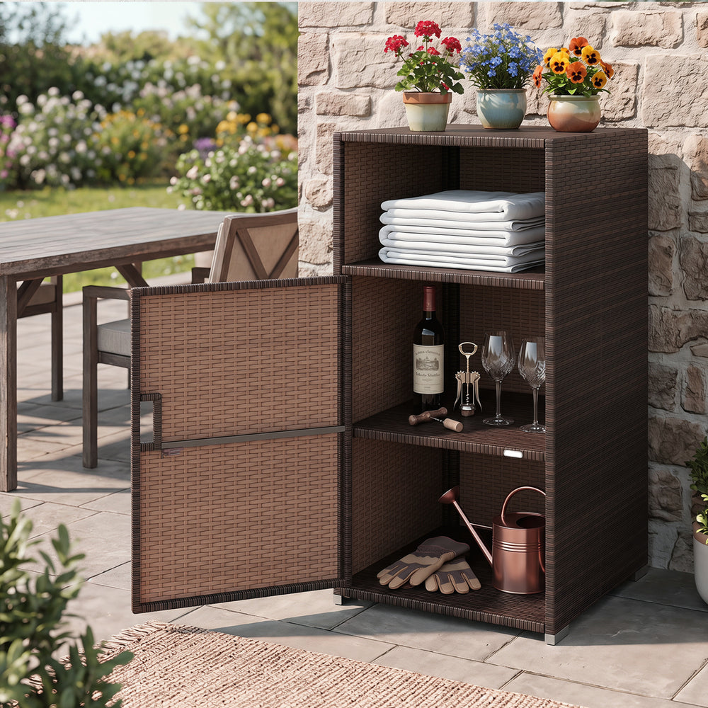 Outdoor PE wicker storage cabinet in brown features open shelves and a door, perfect for patio organization and decor.