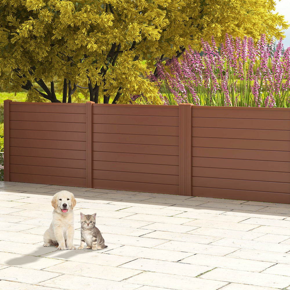 Brown outdoor PVC air conditioner fence with pets, featuring 20-inch stakes for easy installation and privacy.