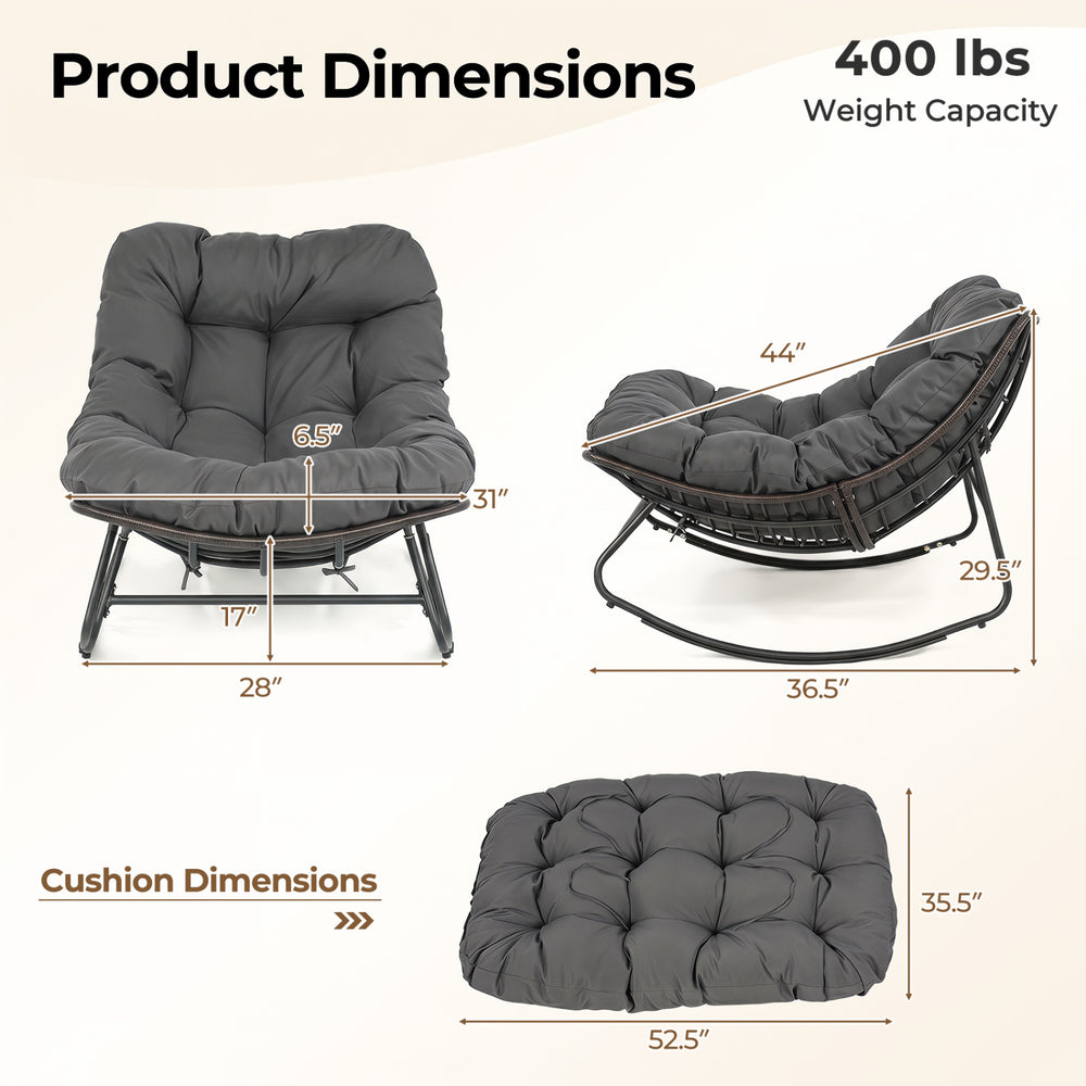 Gray outdoor Papasan rocking chair with thick 6.5" cushion, ergonomic design, and 400 lbs weight capacity for.