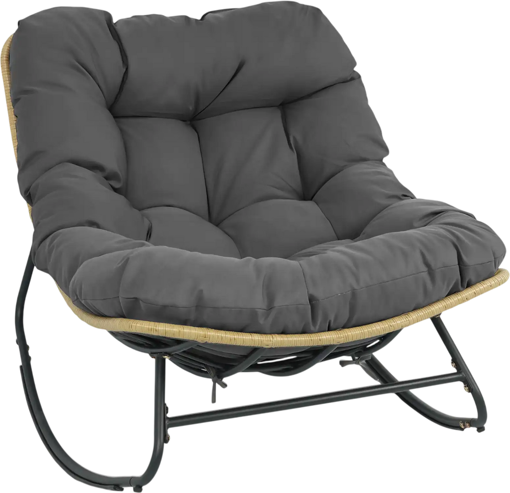 Outdoor Papasan rocking chair in gray with thick cushioned seat, designed for comfort and stability on the patio.