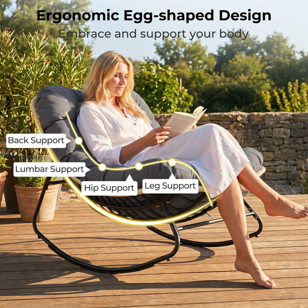 Ergonomic egg-shaped outdoor Papasan rocking chair with thick cushioned seat for patio relaxation and support.