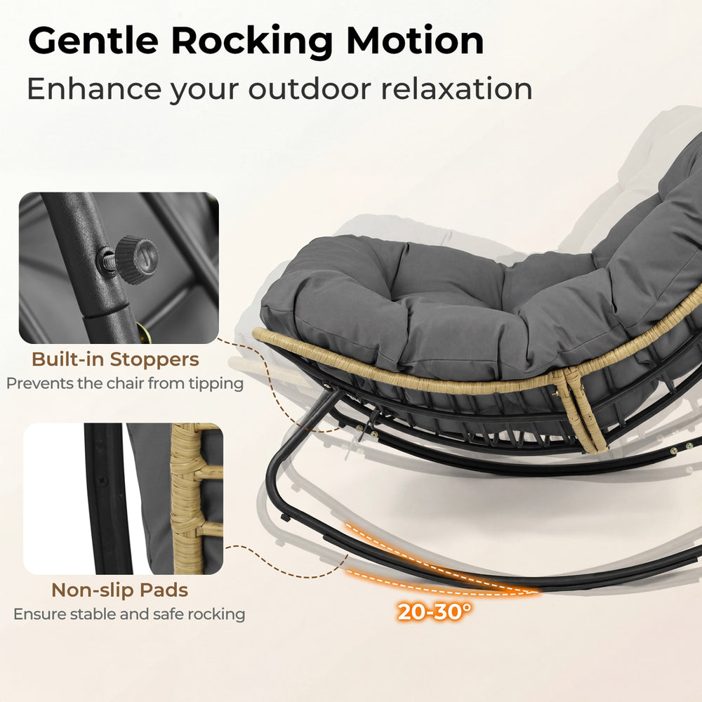 Close-up of the Outdoor Papasan Rocking Chair's cushioned seat, featuring built-in stoppers and non-slip pads for.