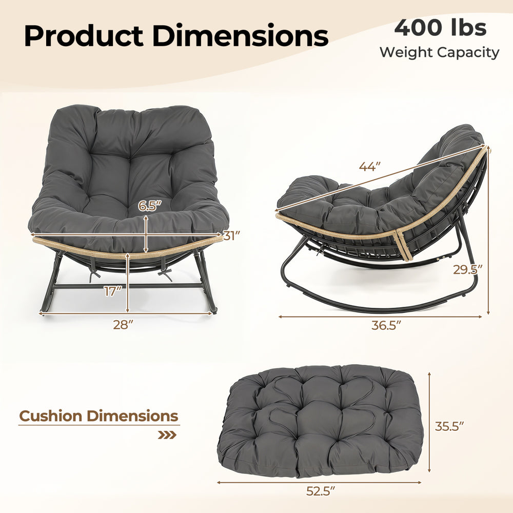 Product dimensions of the gray Outdoor Papasan Rocking Chair with thick cushioned seat, supporting 400 lbs for patio.