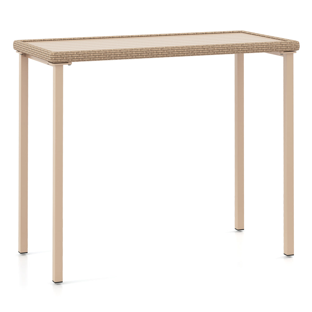 Rectangle outdoor patio bar table with brown woven rattan edge and metal frame, perfect for gatherings and meals.