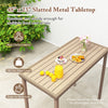 Heavy-duty outdoor patio bar table with a 48" x 23" slatted metal tabletop, brown woven rattan edge, perfect for.