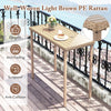Light brown outdoor patio bar table with metal frame, 48" x 23" top, ideal for gatherings on balcony or porch.