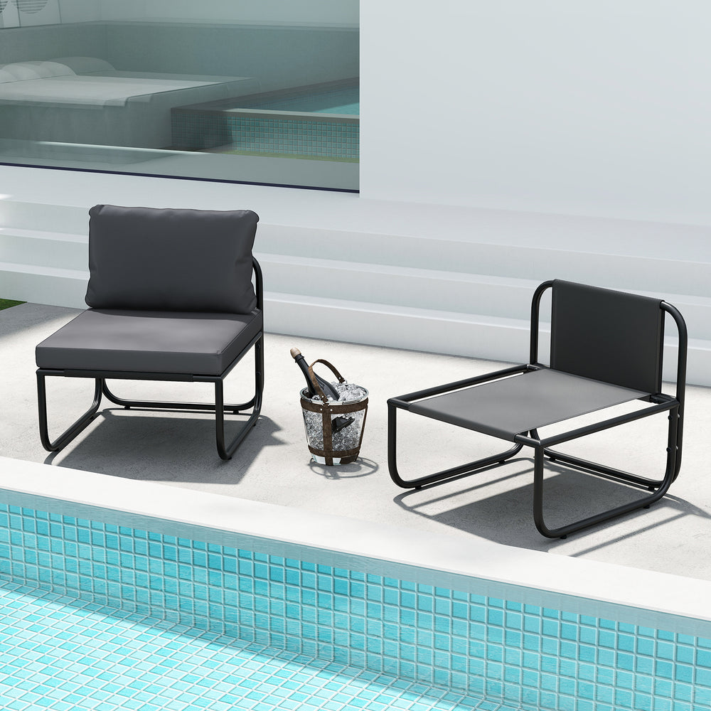 Gray outdoor patio chairs set of 2 with removable cushions, featuring a solid metal frame and adjustable foot pads.