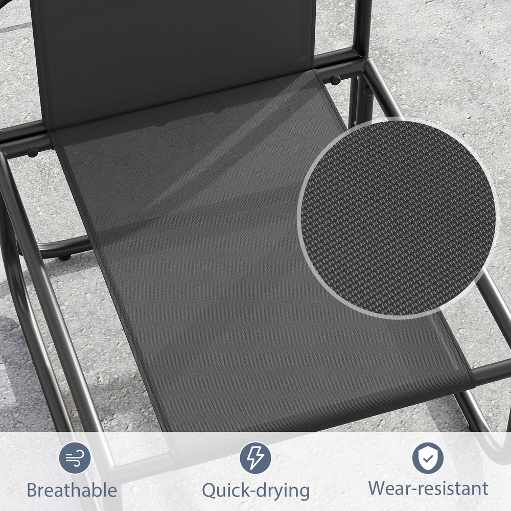 Close-up of breathable, quick-drying fabric on outdoor patio chair seat, featuring a durable gray design for comfort.
