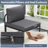 Gray outdoor patio chair with removable cushions, machine-washable covers, and adjustable foot pads for comfort.