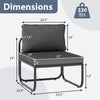 Gray outdoor patio chair with removable cushions, adjustable foot pads, and dimensions for comfortable seating.