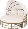 Outdoor patio daybed with retractable canopy, comfortable cushions, and hand-woven PE rattan for stylish relaxation.