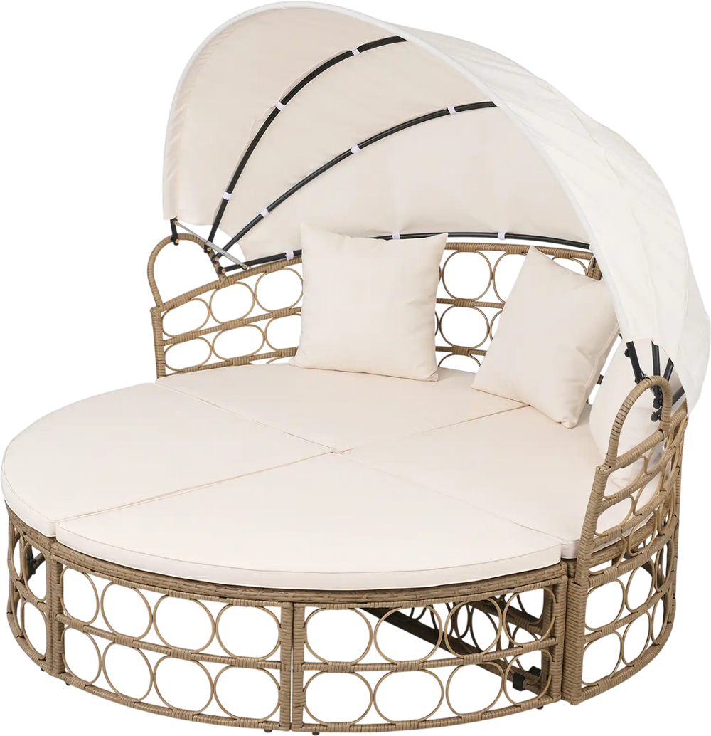Outdoor patio daybed with retractable canopy, comfortable cushions, and hand-woven PE rattan for stylish relaxation.