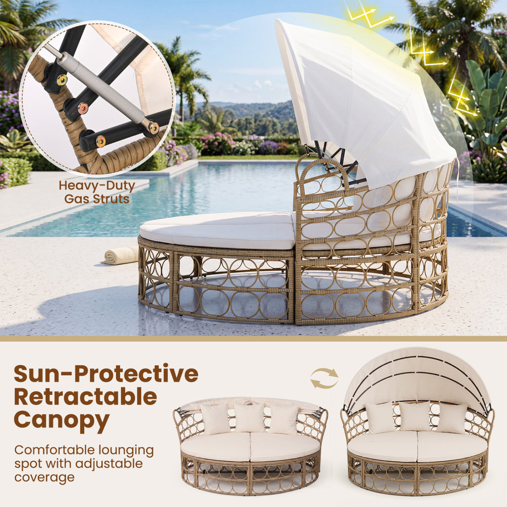 Outdoor patio daybed with retractable canopy, yellow wicker rattan, and comfortable cushions for poolside relaxation.