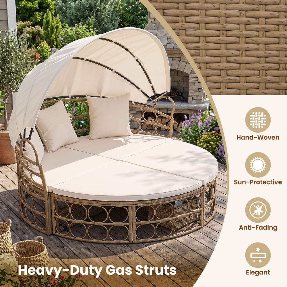 Outdoor patio daybed with retractable canopy, hand-woven yellow wicker rattan, and comfortable cushions for garden relaxation.