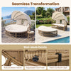 Outdoor patio daybed in yellow wicker rattan with retractable canopy and cushions, ideal for poolside relaxation.