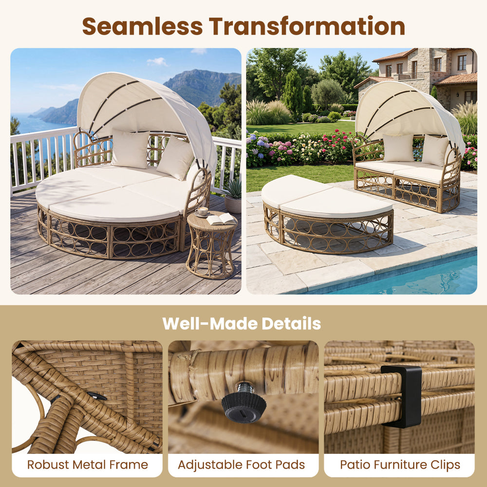 Outdoor patio daybed in yellow wicker rattan with retractable canopy and cushions, ideal for poolside relaxation.