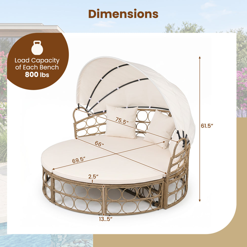 Outdoor patio daybed with retractable canopy, yellow wicker rattan, and comfortable cushions for garden relaxation.