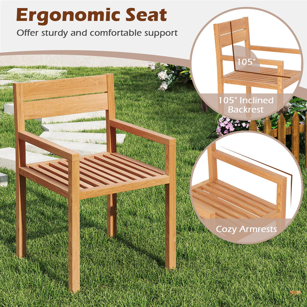 Teak wood armchair with inclined backrest and armrests, ideal for outdoor patio dining and backyard relaxation.