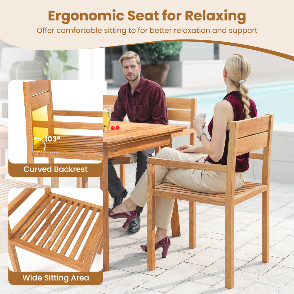 Teak wood armchair with curved backrest and wide sitting area, perfect for outdoor patio relaxation and support.