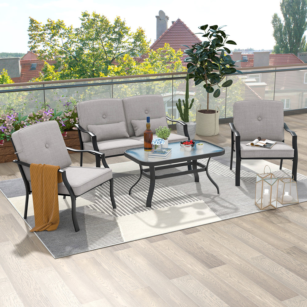 4 Pieces Outdoor Conversation Set with Seat Back Cushions and Waist Pillows-Gray - Gallery View 1 of 10