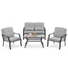 Outdoor conversation set featuring a gray loveseat and two chairs with cushions, perfect for patio relaxation.