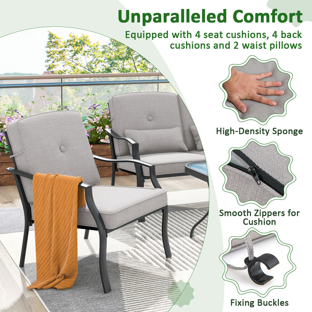 Gray outdoor conversation set featuring ergonomic chairs with cushions, waist pillows, and a tempered glass coffee.