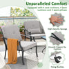 Gray outdoor conversation set featuring ergonomic chairs with cushions, waist pillows, and a tempered glass coffee.