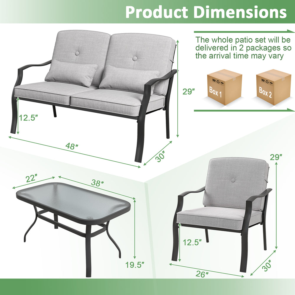 Dimensions of the 4-piece outdoor conversation set with gray cushions, including loveseat and coffee table measurements.