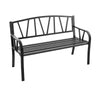 Black patio garden bench with metal frame and slatted seat, ergonomic backrest, ideal for outdoor relaxation.