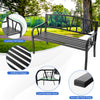 Patio garden bench with slatted seat and metal frame, featuring curved armrests and non-slip foot pads for stability.