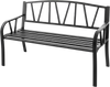 Black patio garden bench with metal frame, slatted seat design, ergonomic backrest, perfect for outdoor relaxation.
