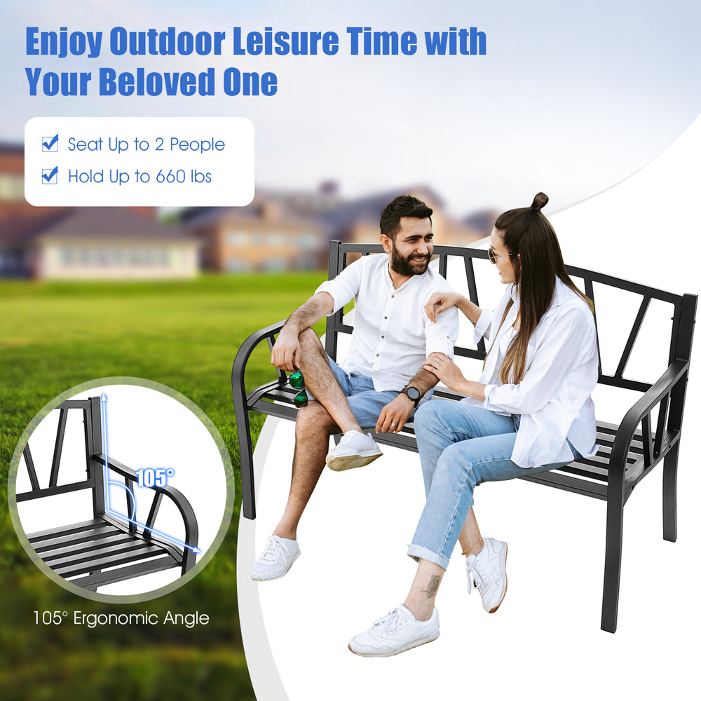 Patio garden bench with metal frame, slatted seat, and ergonomic angle, seating up to 2 people for outdoor relaxation.