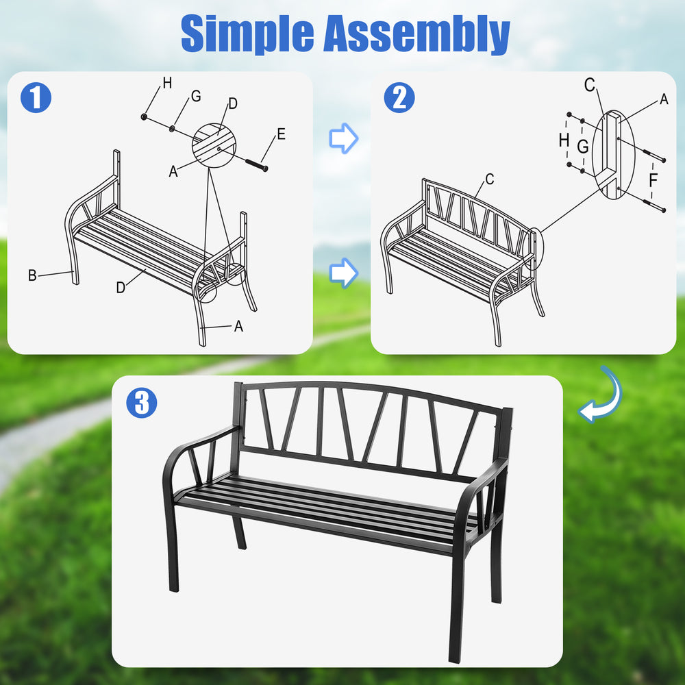 Patio garden bench with metal frame, slatted seat design, ergonomic backrest, ideal for porch or garden use.