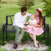 Patio garden bench with slatted seat in black, supporting two people comfortably in a garden setting.
