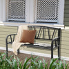 Black patio garden bench with slatted seat, ergonomic backrest, and curved armrests, perfect for outdoor relaxation.