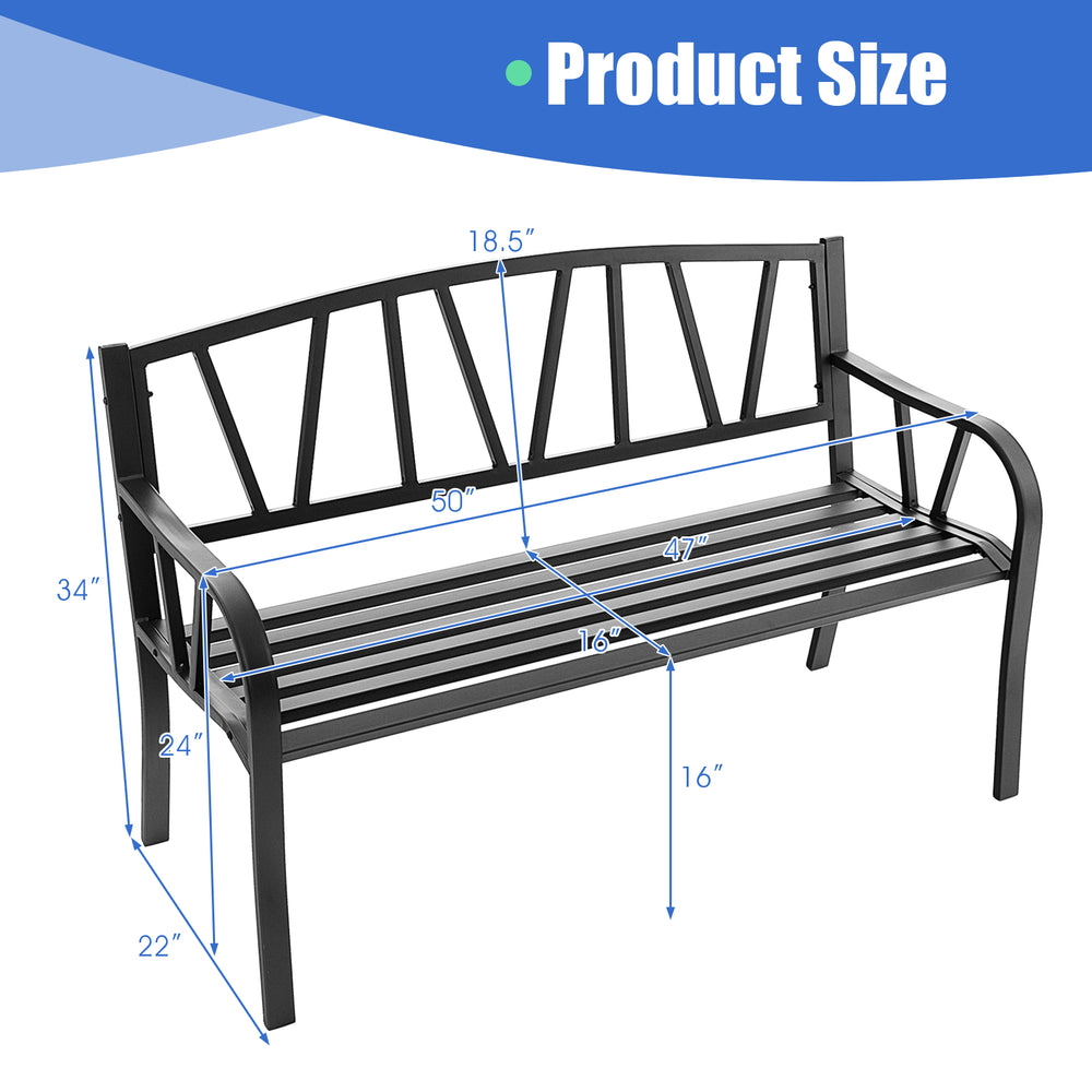 Patio garden bench with black metal frame, slatted seat design, dimensions 50" x 22" x 34", ideal for outdoor.