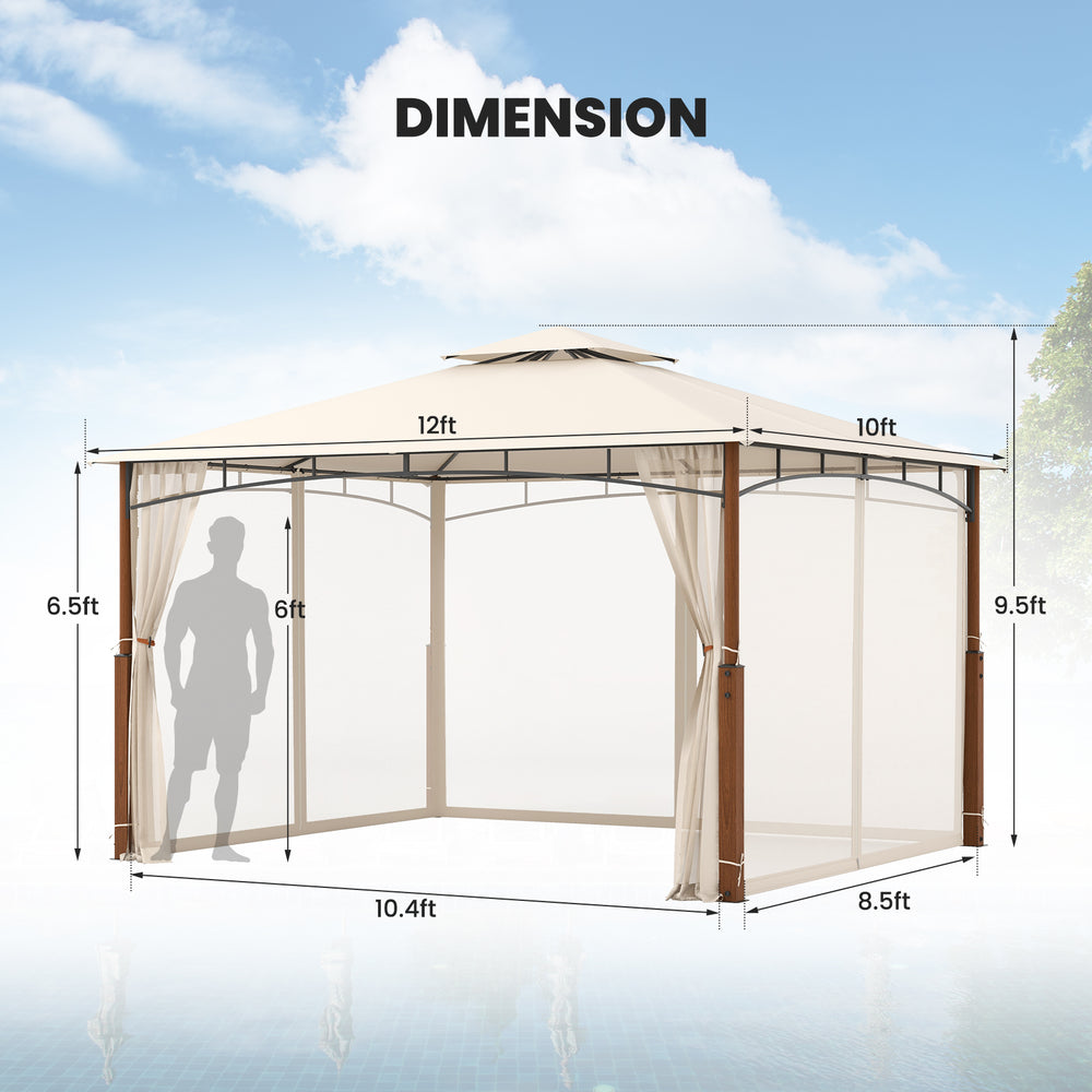 Costway Outdoor Patio Gazebo 12 x 10 Ft with Netting and 2-Tier Canopy Roof New