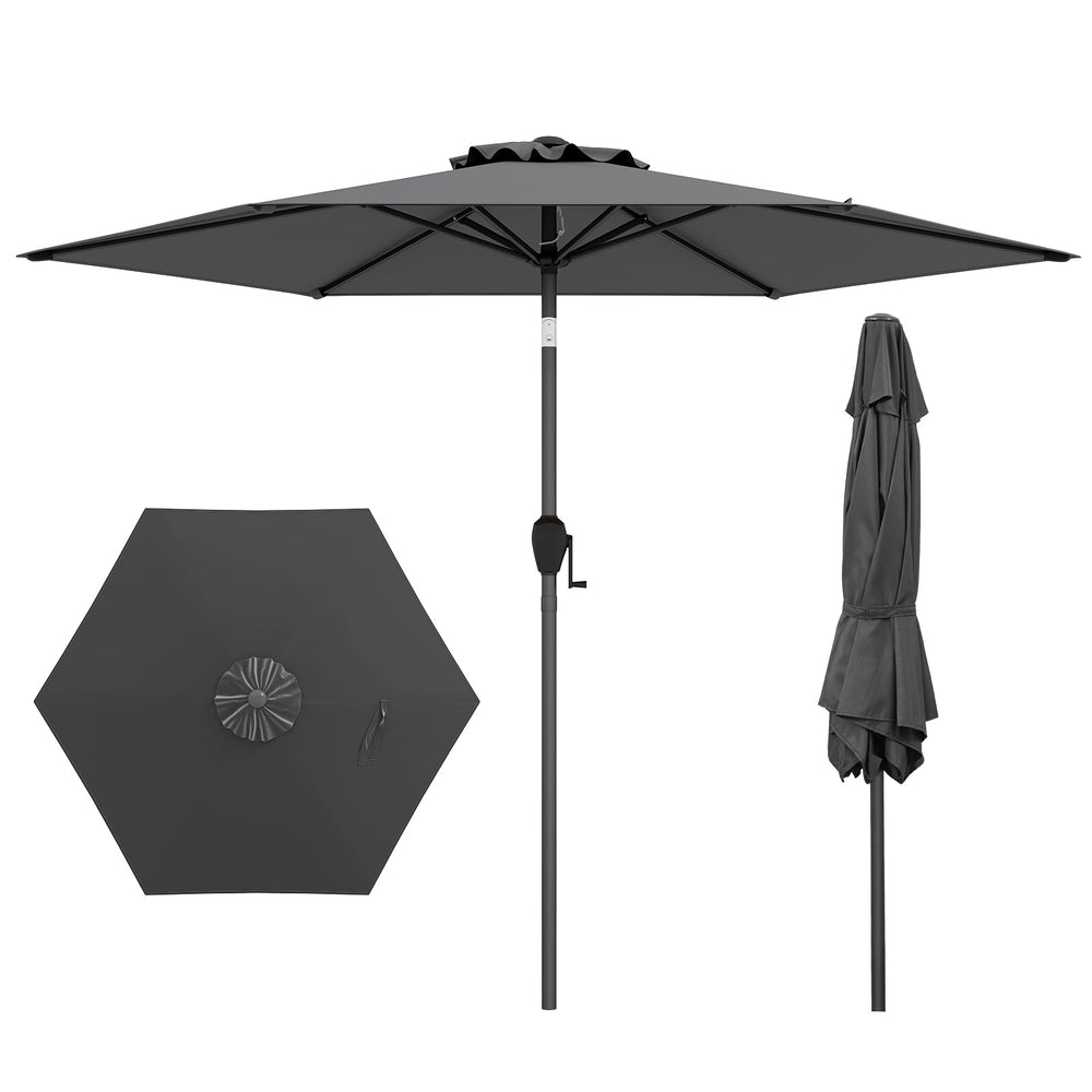 Gray 7.5 feet outdoor patio umbrella with push button tilt and crank handle for customizable shade and stability.